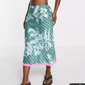 Topshop check satin bias midi skirt with lace trim